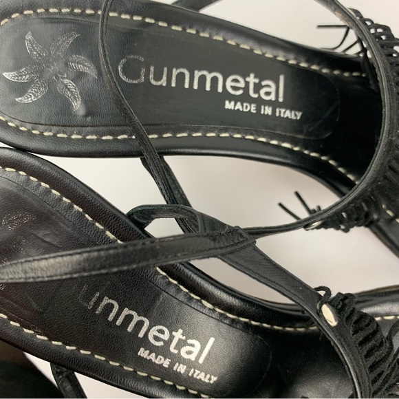 Vintage Gunmetal Italy Black Leather Slingback Fringe Tassel Sandal Heels 8.5B - Picture 5 of 10